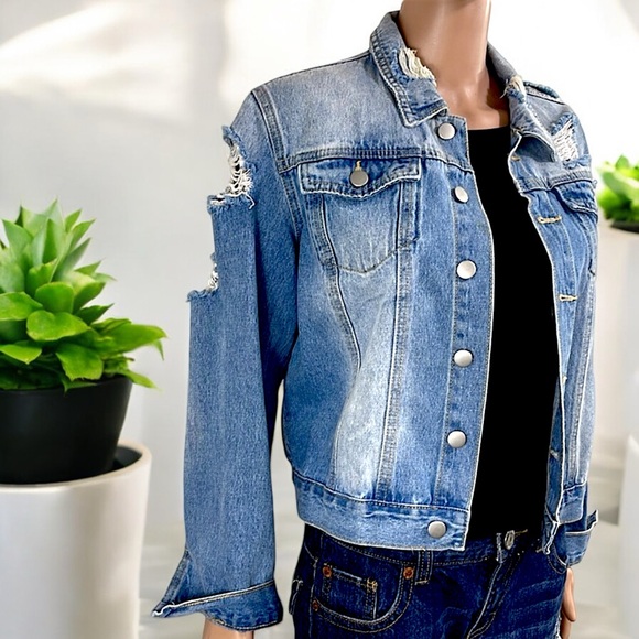 Distressed Tattered Detailing Blue Ripped Button Up Denim Jacket - Picture 10 of 15